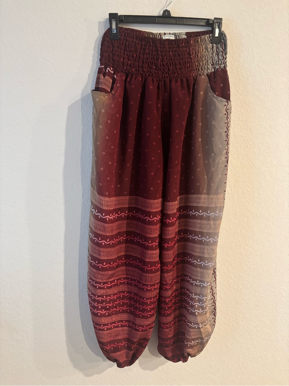 Earthbound Trading Co Harem Pants S Burgundy Brown Boho Smocked Festival